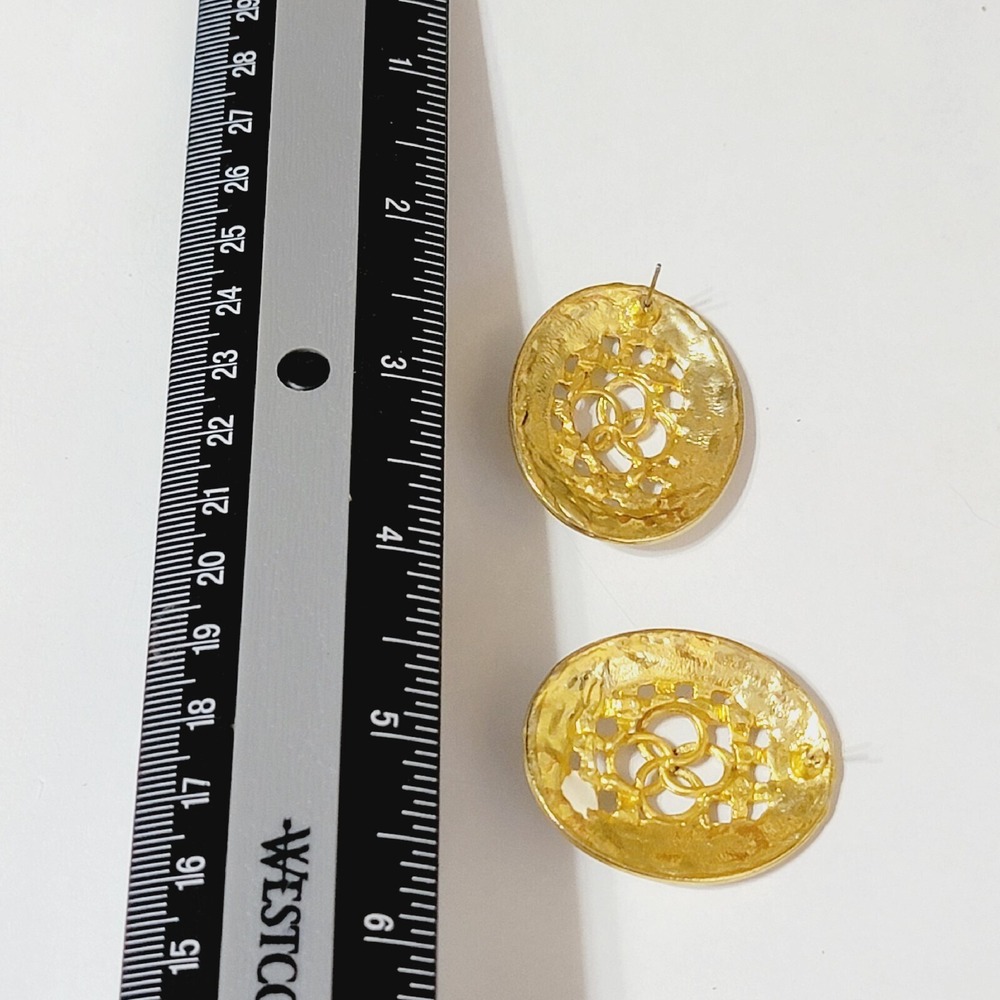 Vintage Large Enameled Oval Pierced Earrings Cream White‎ & Gold-tone 1.5" wp-9 - Picture 6 of 6